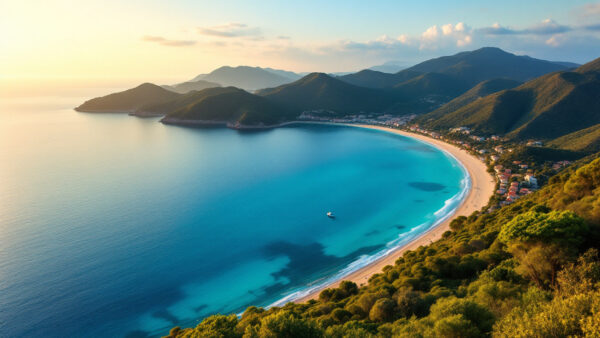 Ampia spiaggia di Ischia al tramonto con sabbia dorata, mare turchese e colline verdi sullo sfondo