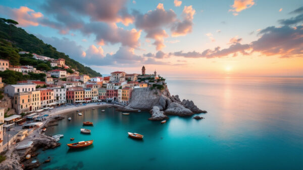 Il borgo di Sant'Angelo a Ischia al tramonto, con le case colorate sulla collina, il porticciolo con le barche e il promontorio collegato dalla lingua di sabbia