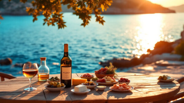 Tavolo per aperitivo a Ischia al tramonto con vino locale, piccoli piatti e vista sul mare