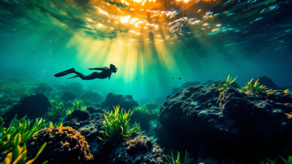 Snorkeler che nuota sopra una prateria di Posidonia e scogli vulcanici nei fondali di Ischia