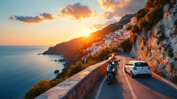 Scooter e microcar parcheggiati lungo una strada costiera di Ischia con vista sul mare