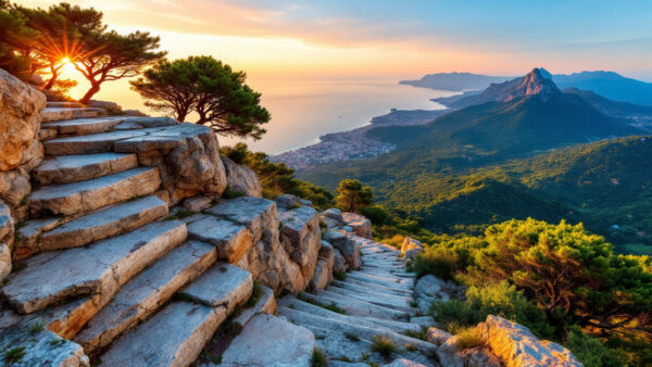 Panorama dalla vetta del Monte Epomeo a Ischia con roccia di tufo verde, boschi e il mare verso la penisola sorrentina al tramonto