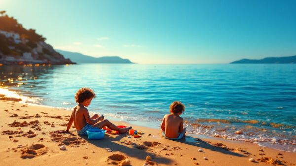 Famiglia con bambini in spiaggia a Ischia, con mare calmo, sabbia e atmosfera estiva rilassata.