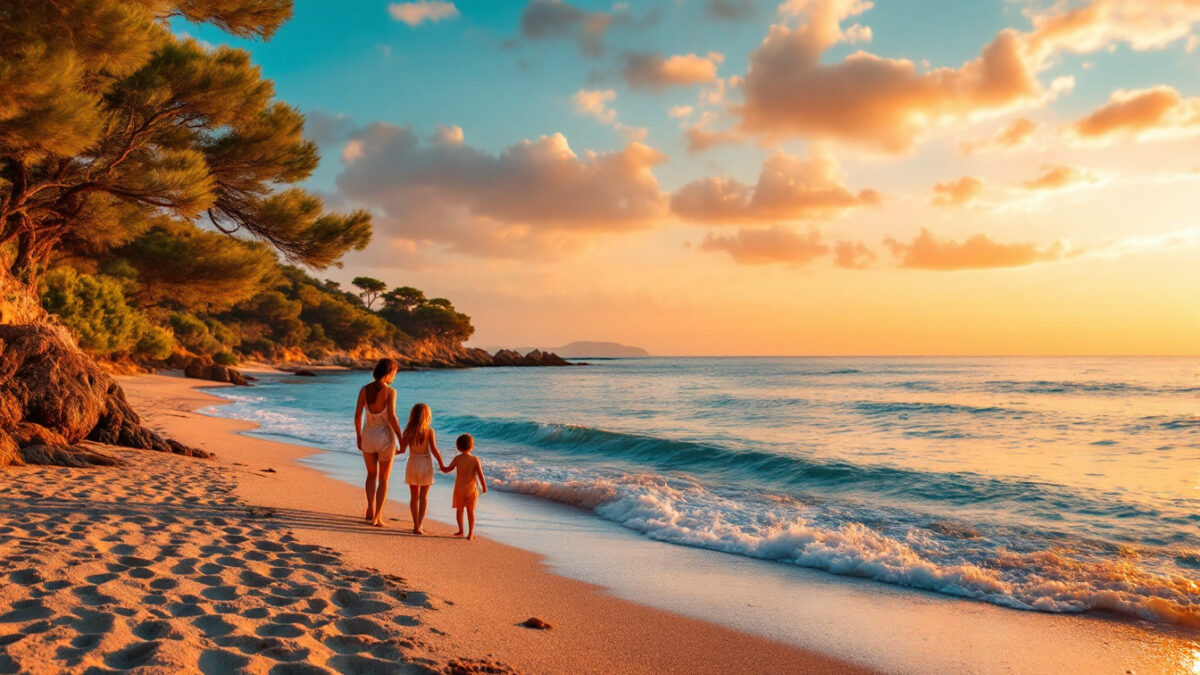 Famiglia con bambini in spiaggia a Ischia, mare calmo e atmosfera estiva rilassata