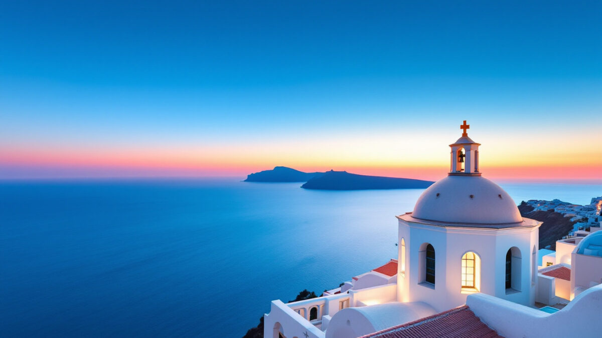 La candida Chiesa del Soccorso di Forio d'Ischia al tramonto, affacciata sul mare illuminato di arancio