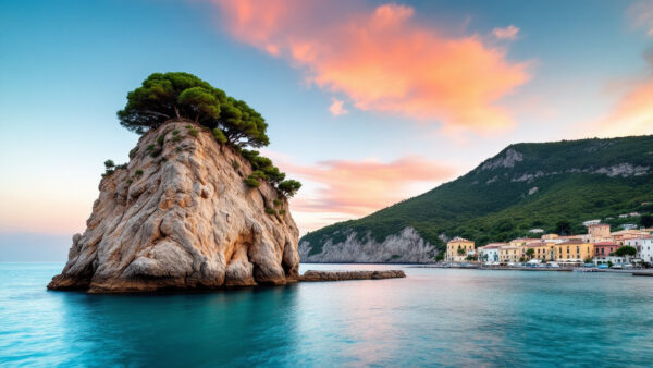 Lo scoglio del Fungo di Lacco Ameno che emerge dal mare turchese al tramonto, con il borgo sullo sfondo