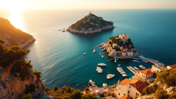 Vista delle isole del Golfo di Napoli al tramonto, con mare turchese, case color pastello e coste rocciose illuminate dalla luce dorata