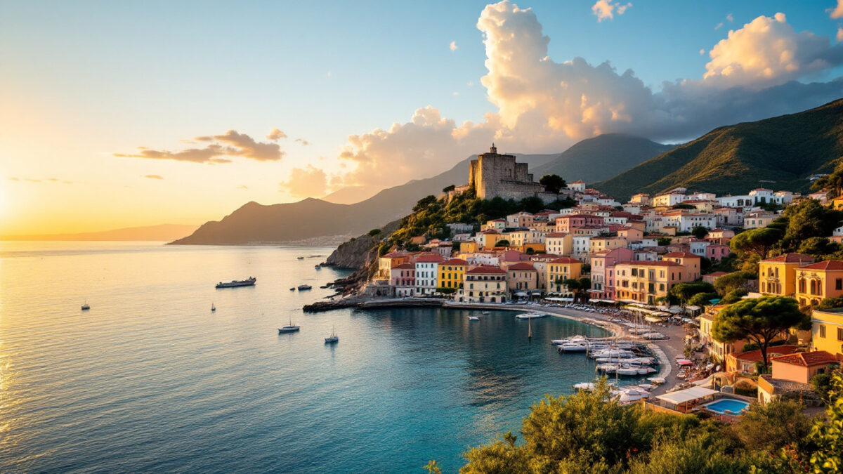 Vista al tramonto della costa di Ischia con case color pastello, barche nel porticciolo e mare turchese nella calda luce mediterranea