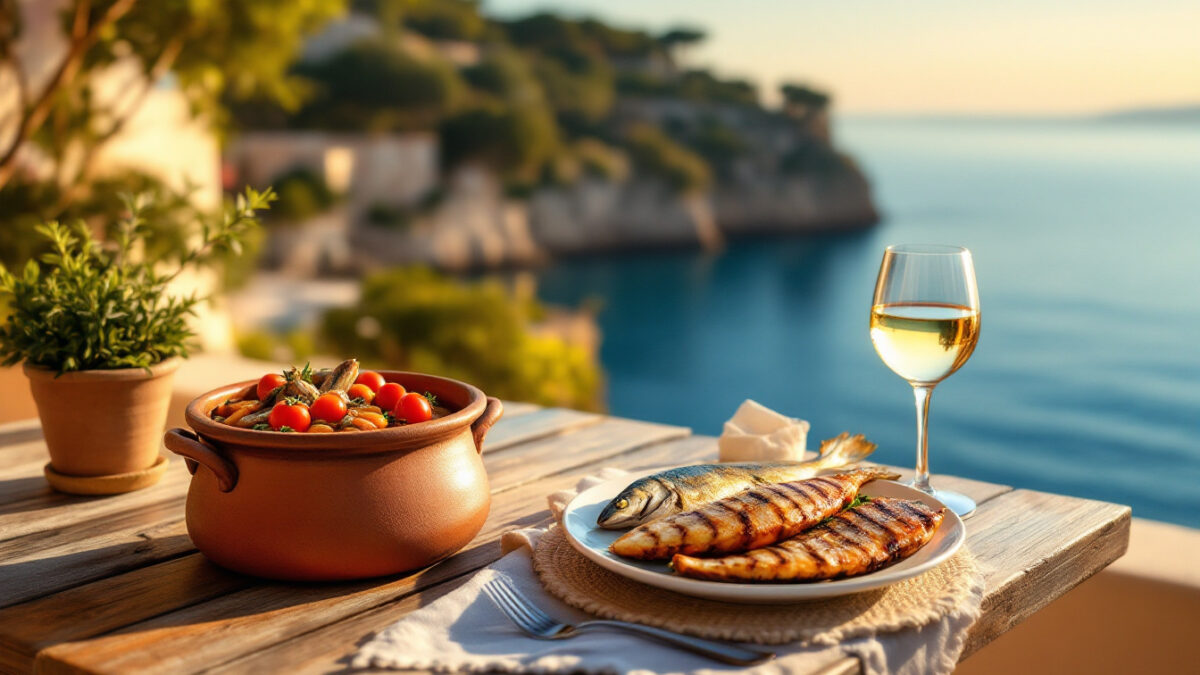 Tavola mediterranea con coniglio all'ischitana in tegame di terracotta, pesce alla griglia e un calice di vino bianco locale, affacciata sul mare di Ischia con luce dorata
