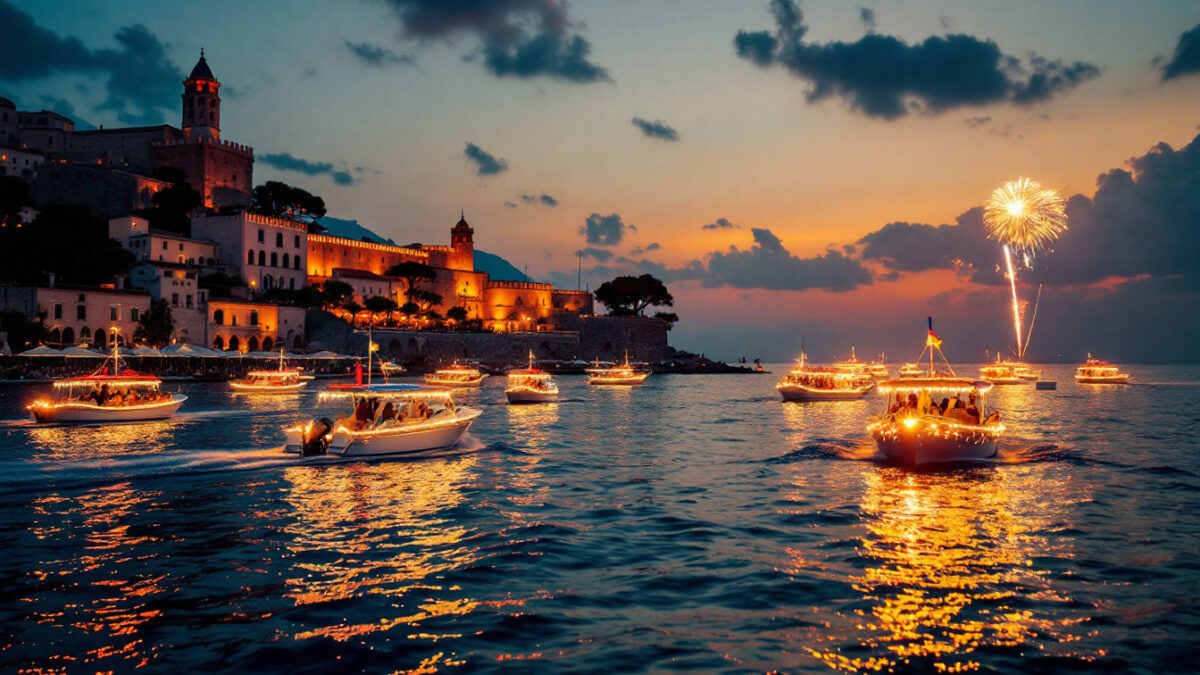 Barche illuminate sfilano davanti al Castello Aragonese di Ischia durante una festa serale, con luce dorata mediterranea sul mare.