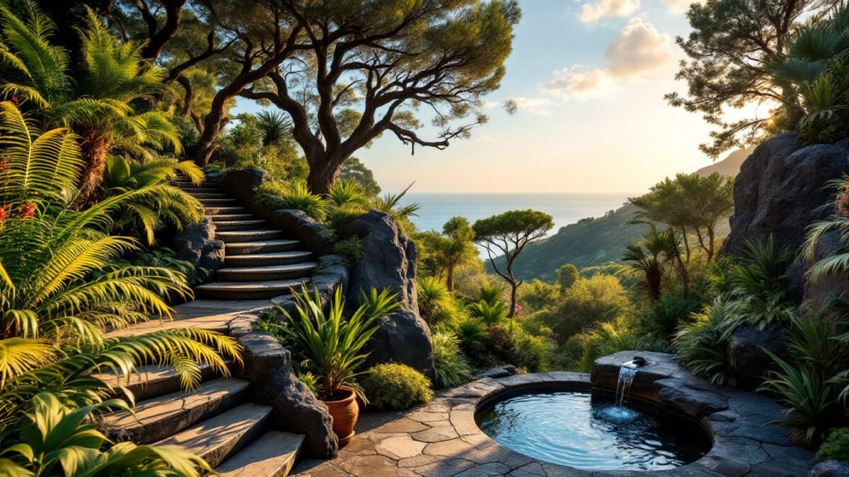 Giardino botanico collinare a Forio sull'isola di Ischia con felci, palme e rocce vulcaniche, scalinate in pietra e scorcio sul mare al tramonto