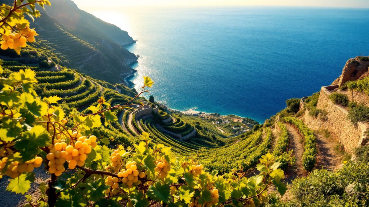 Vigneti terrazzati su pendio vulcanico a Ischia con il mare sullo sfondo