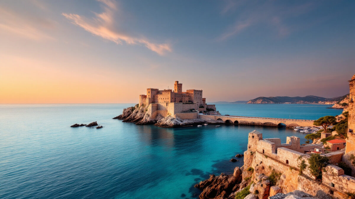Il Castello Aragonese di Ischia su un isolotto roccioso collegato alla costa da un lungo pontile in pietra, illuminato dalla luce dorata del tramonto sul mare