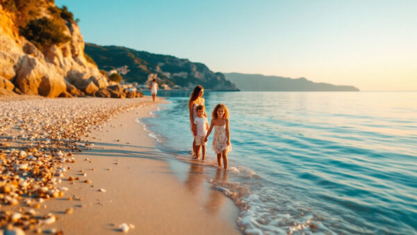 Famiglia con due bambini su una spiaggia sabbiosa di Ischia, con acqua bassa e calma in una giornata estiva.
