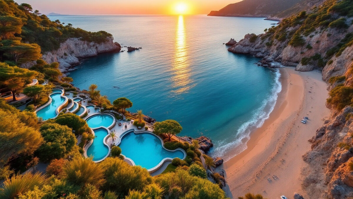 Vasche termali a terrazze tra giardini e baia con spiaggia al tramonto, confronto tra i parchi termali di Ischia