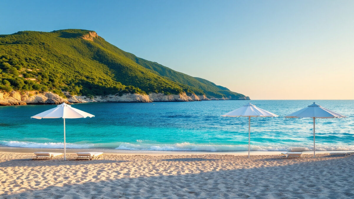 La spiaggia di Citara a Ischia in una giornata d’estate, con sabbia chiara, mare limpido e stabilimenti sullo sfondo