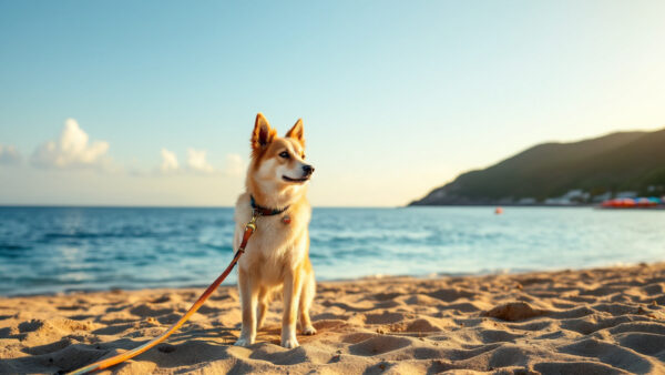 Cane al guinzaglio su una spiaggia di Ischia al tramonto, con mare calmo e colline dell'isola sullo sfondo