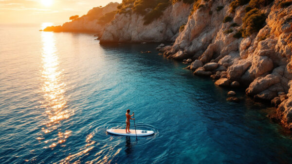 Una persona pratica stand up paddle a Ischia su mare calmo, con costa rocciosa e luce estiva.