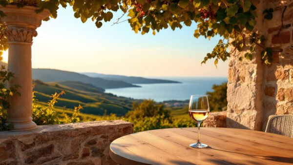 Degustazione estiva di Biancolella d’Ischia su una terrazza con vista mare al tramonto.