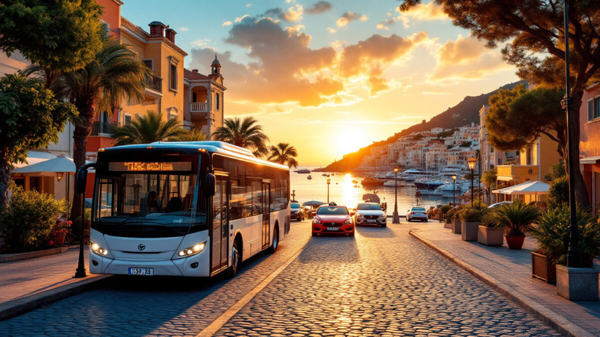 Bus e taxi al porto di Ischia in una giornata d’estate, con atmosfera reale e traffico turistico sullo sfondo