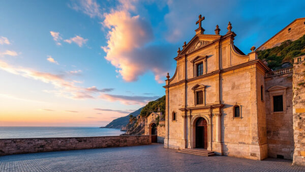 La basilica di Santa Restituta a Ischia con la piazza assolata di Lacco Ameno e i dettagli storici della facciata.