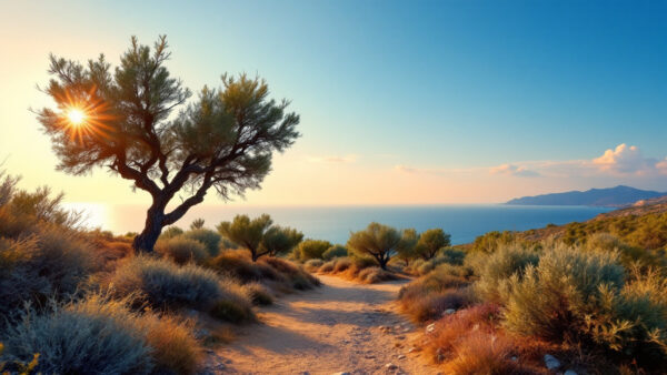 Sentiero di trekking a Ischia con macchia mediterranea, vista sul mare e luce estiva dorata