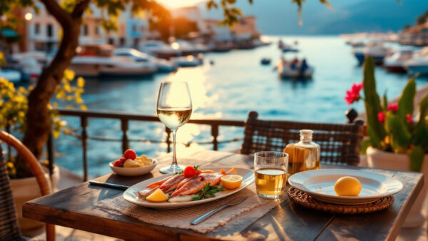 Tavola sul mare a Ischia in autunno con piatti di pesce, vino bianco locale e atmosfera tranquilla al tramonto