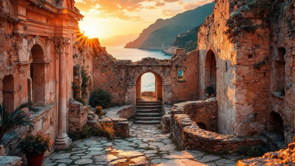 L’Ostrichina di Ischia in autunno, con luce morbida, dettagli in pietra e scorcio di mare sullo sfondo