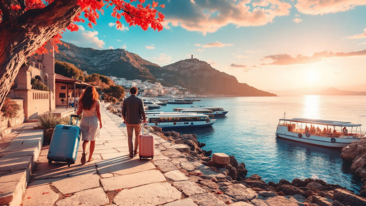 Scena realistica autunnale a Ischia con il porto, un autobus e viaggiatori con bagagli pronti a muoversi senza auto