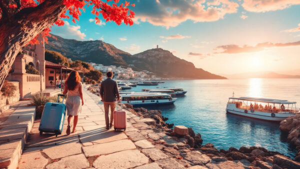 Scena realistica autunnale a Ischia con il porto, un autobus e viaggiatori con bagagli pronti a muoversi senza auto