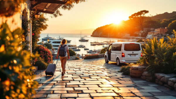Viaggiatore con bagagli che si sposta dal porto verso un minibus sull’isola di Ischia in autunno