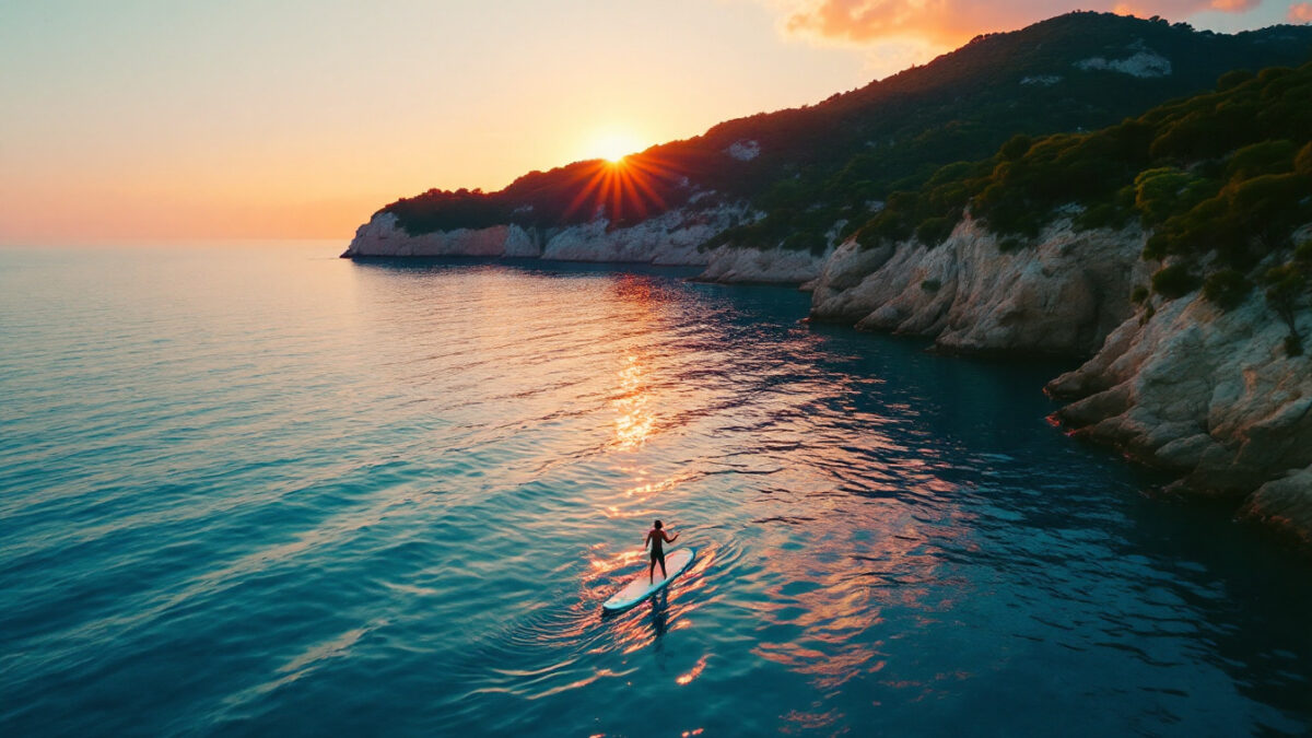 Persona che pratica stand up paddle a Ischia lungo una costa tranquilla in autunno