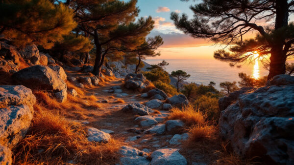 Sentiero di trekking autunnale a Ischia tra pini, rocce vulcaniche e scorci sul mare