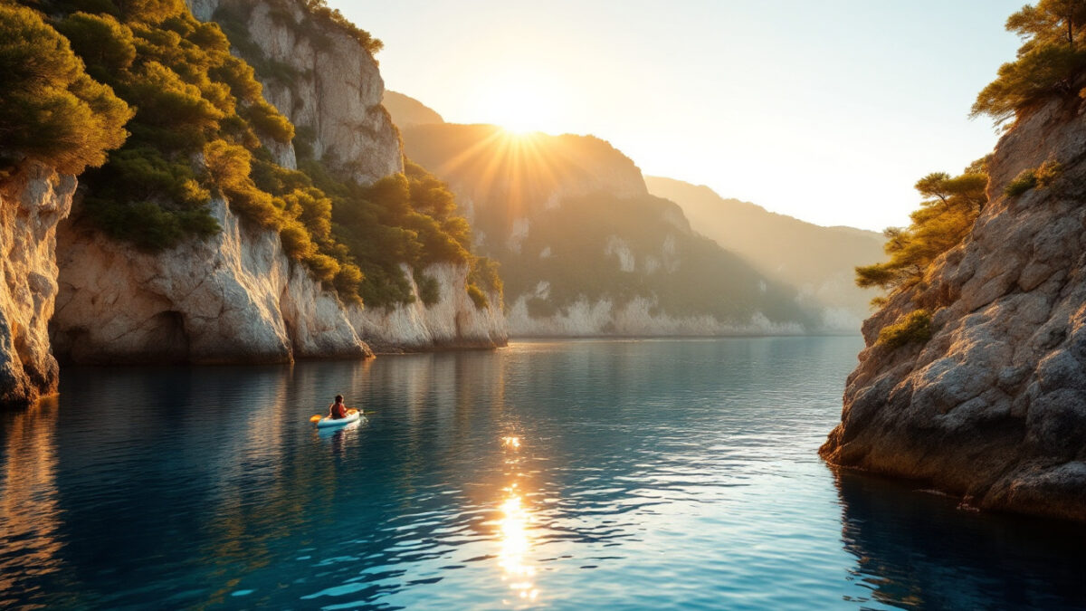Kayak a Ischia in autunno lungo una costa tranquilla, con mare calmo, luce dorata e scogliere sullo sfondo