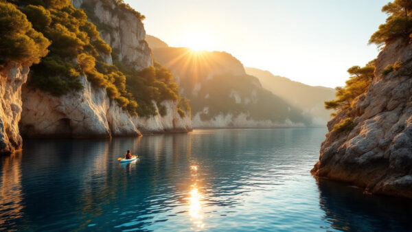 Kayak a Ischia in autunno lungo una costa tranquilla, con mare calmo, luce dorata e scogliere sullo sfondo